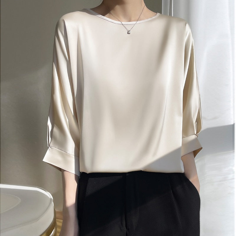 Eva | Women's Relaxed Satin-Look Crew-Neck Top – Rose Beige