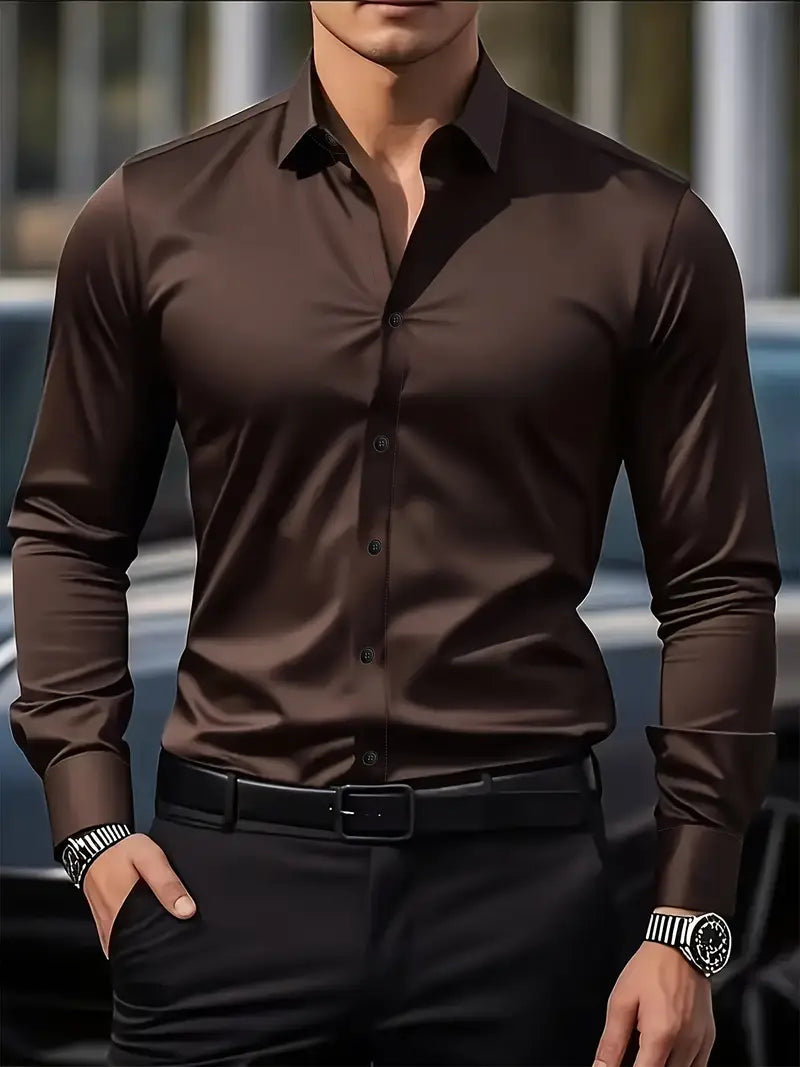 Camicia da uomo a maniche lunghe e vestibilità slim, tessuto traspirante, colletto classico, modello da lavoro