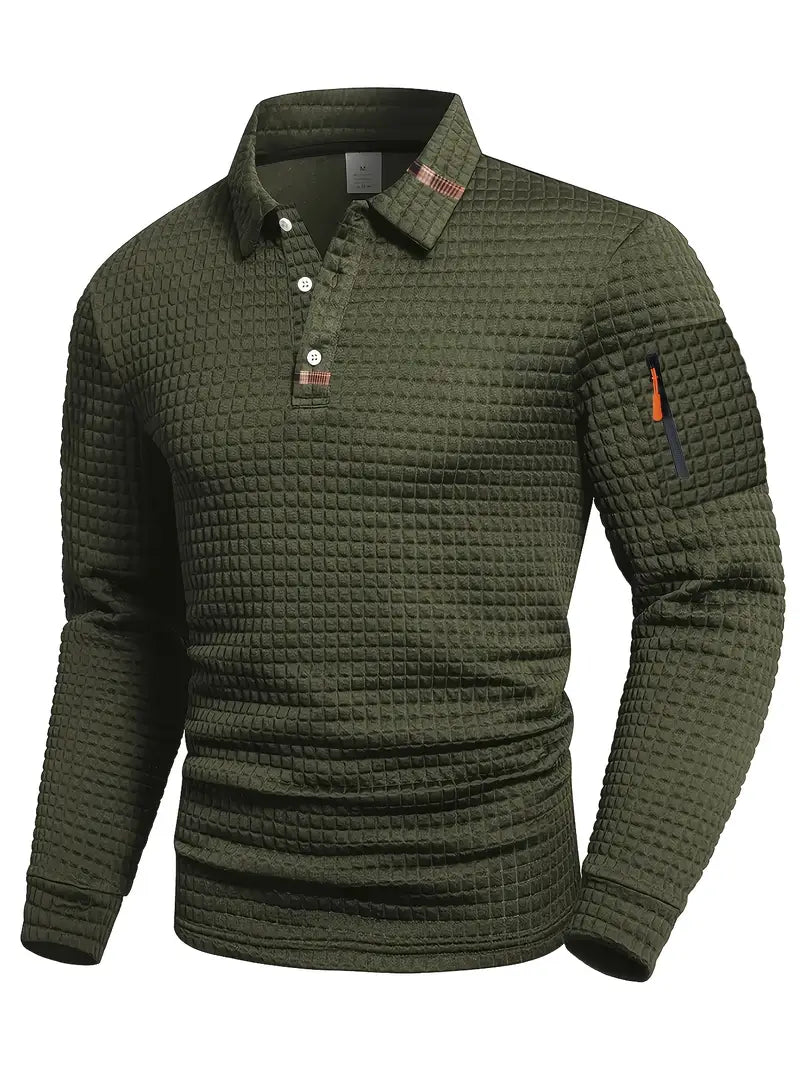 Pietro | Polo da uomo a maniche lunghe, vestibilità slim, tessuto testurizzato, colletto con bordo a contrasto e taschino sulla manica