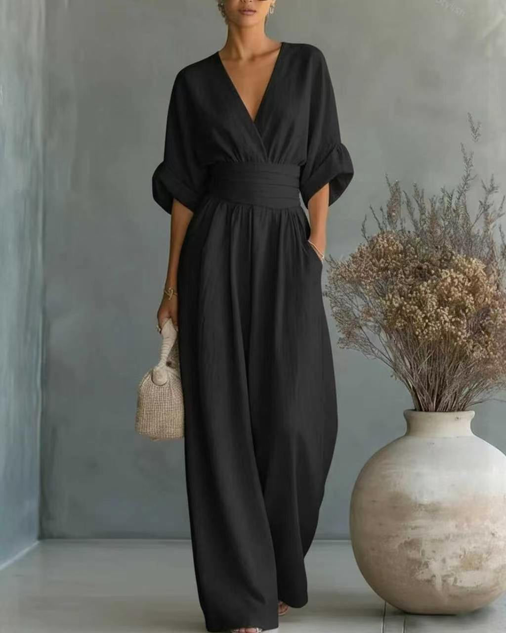 Carina | Women's V-Neck High-Waisted Slim-Fit Jumpsuit – Black