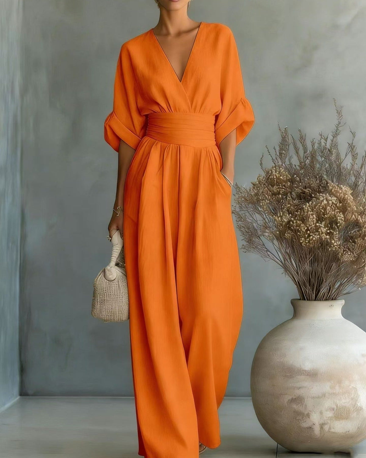 Carina | Women's V-Neck High-Waisted Slim-Fit Jumpsuit – Orange