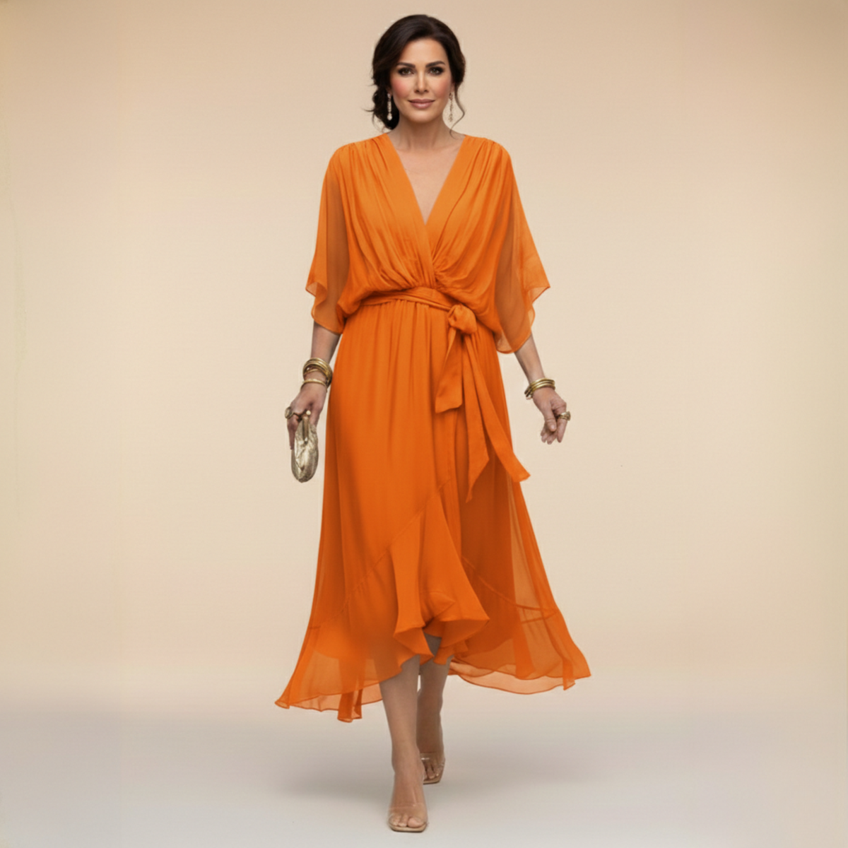 Women's Belted V-Neck Flowing Midi Dress original source photo 10
