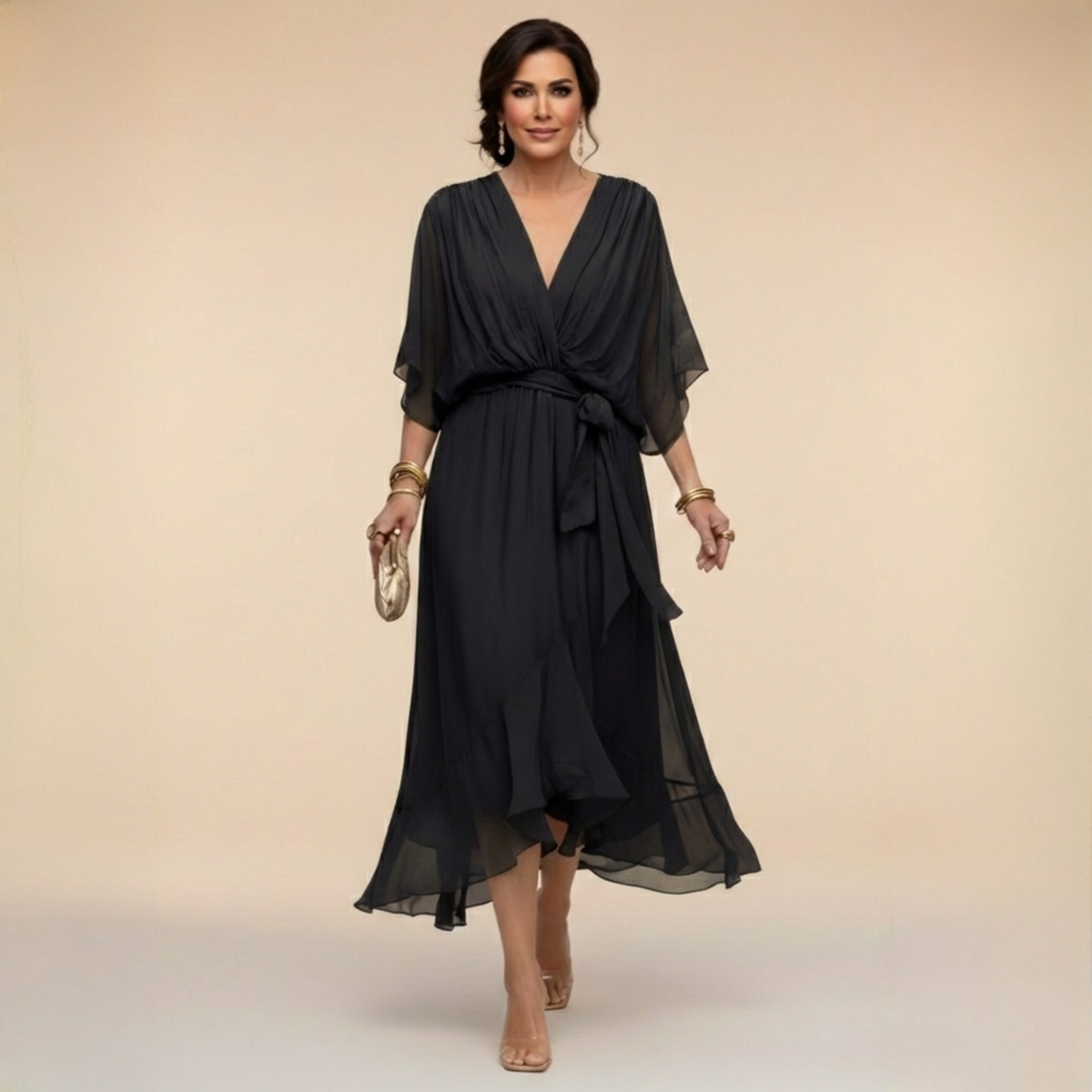 Women's Belted V-Neck Flowing Midi Dress original source photo 2