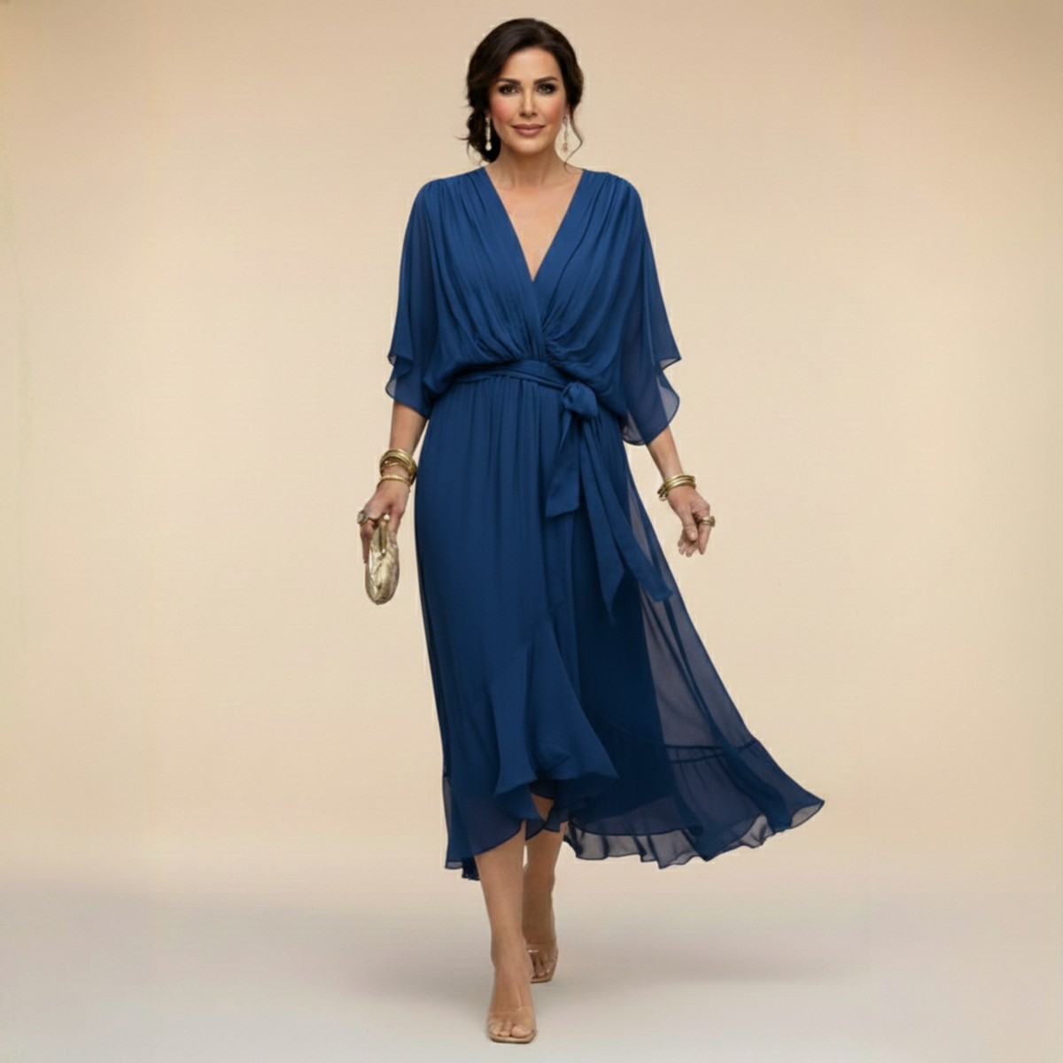 Women's Belted V-Neck Flowing Midi Dress original source photo 3