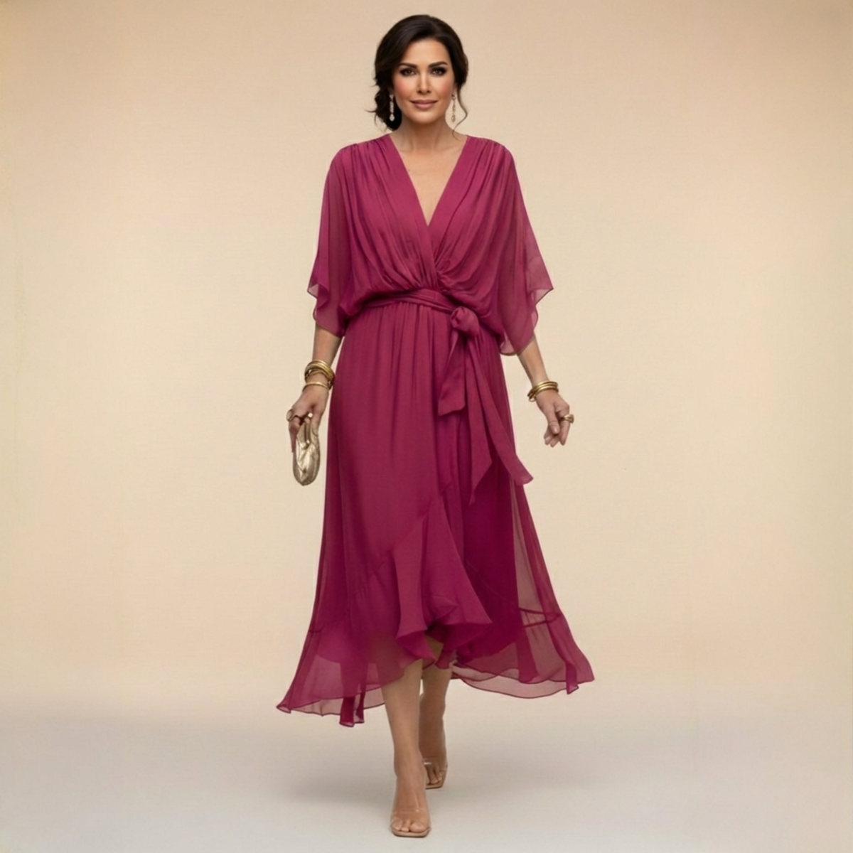 Women's Belted V-Neck Flowing Midi Dress original source photo 4