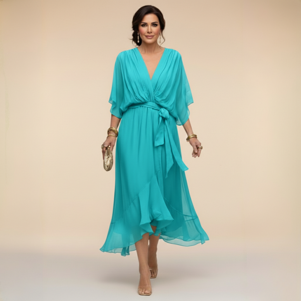 Women's Belted V-Neck Flowing Midi Dress original source photo 5
