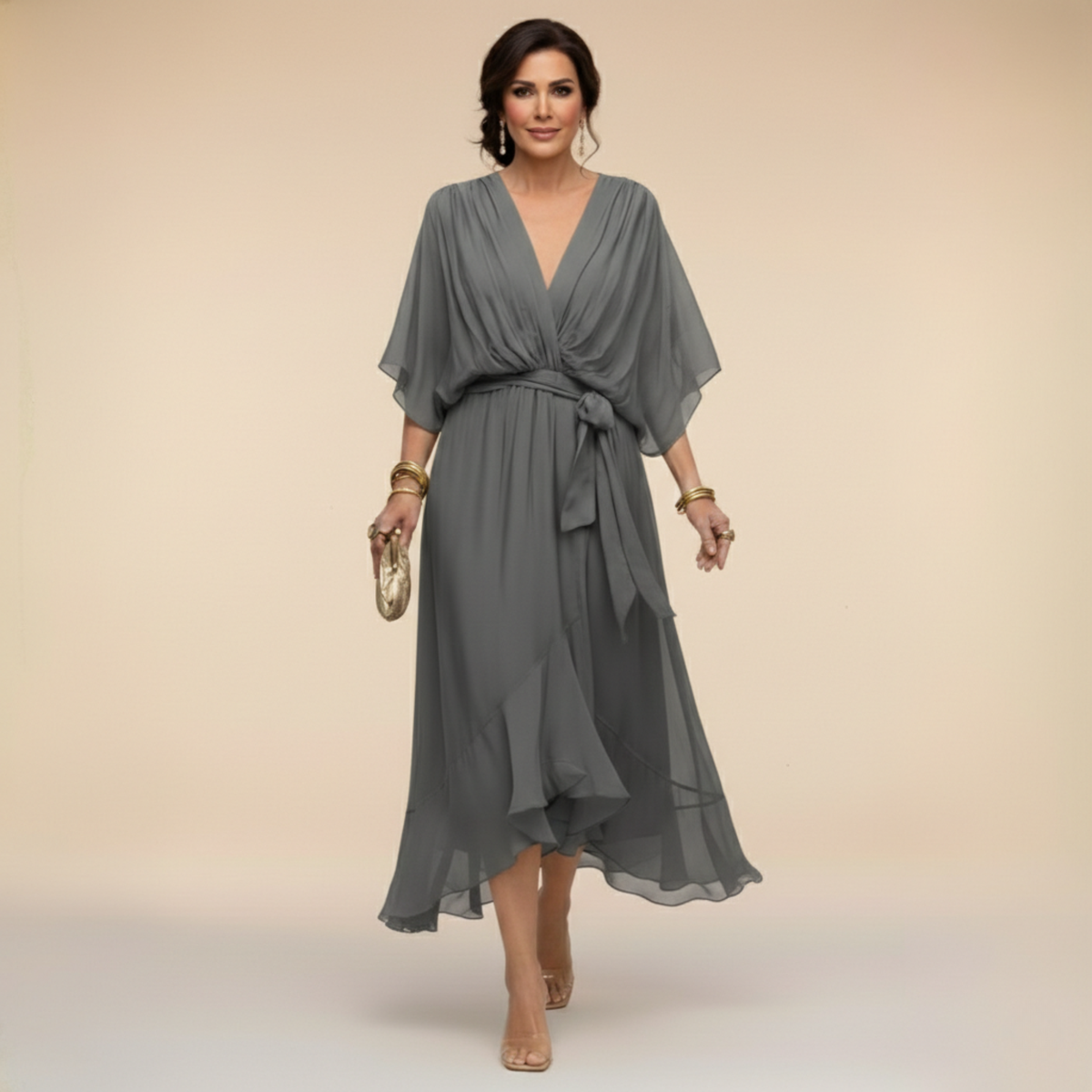 Women's Belted V-Neck Flowing Midi Dress original source photo 6