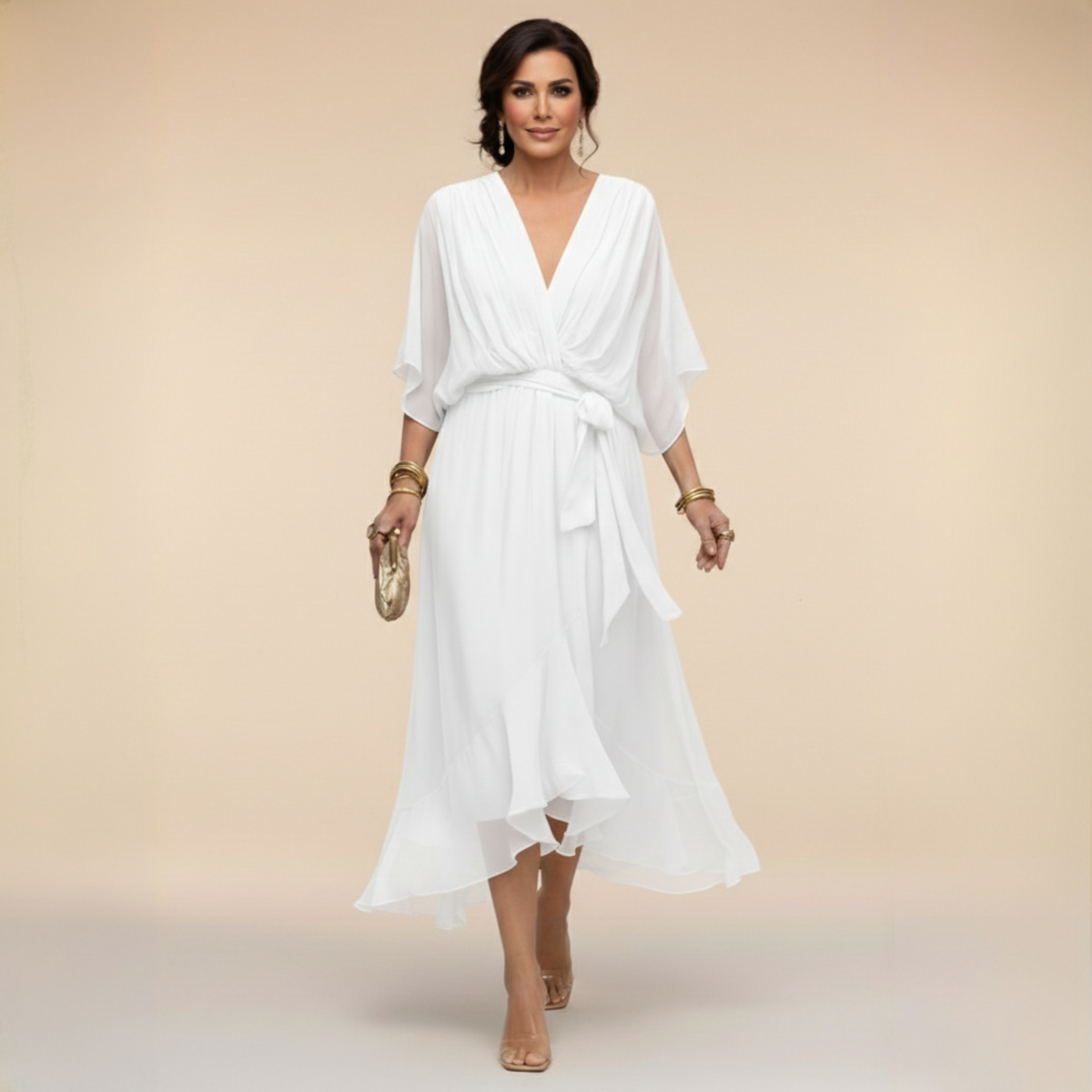 Women's Belted V-Neck Flowing Midi Dress original source photo 7