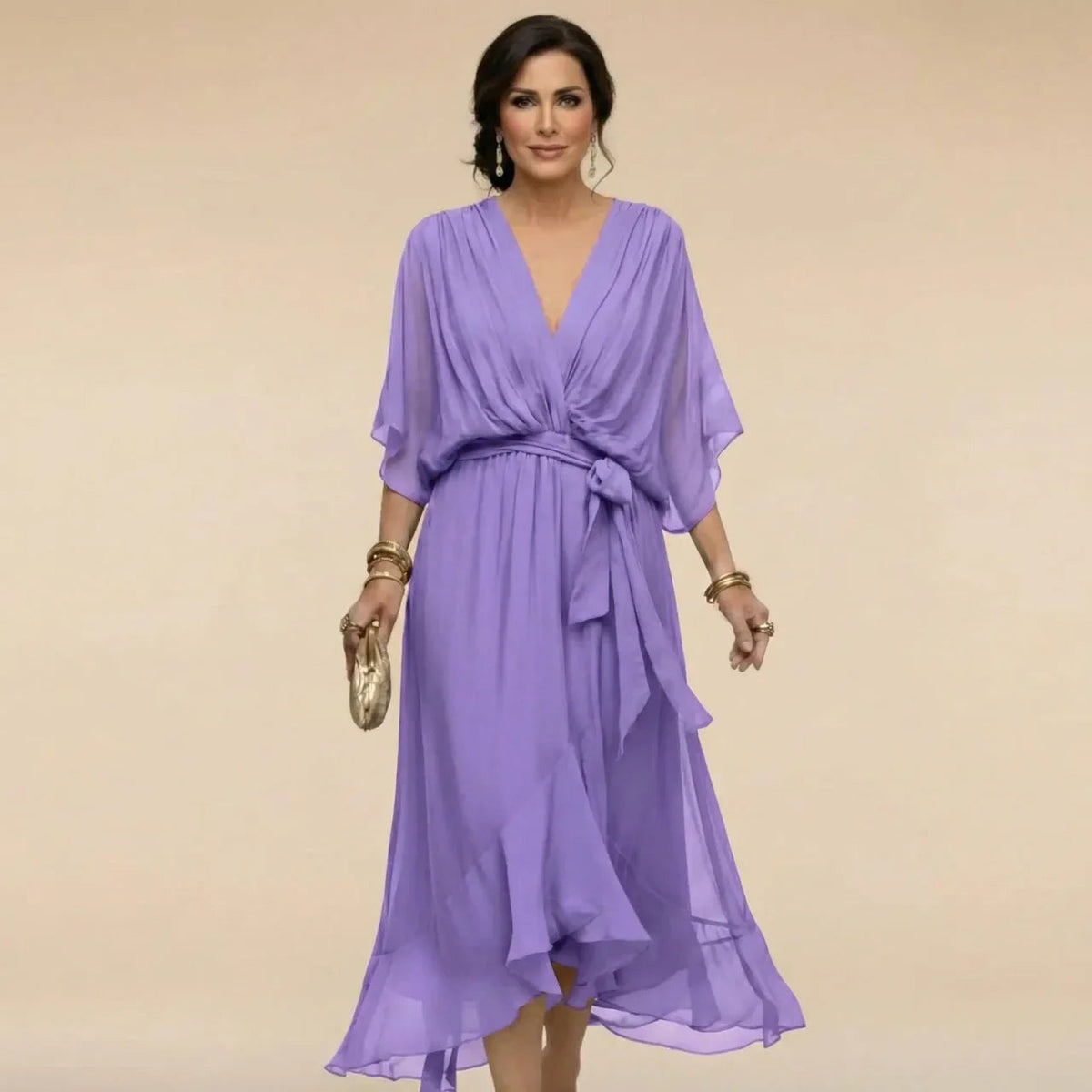Women's Belted V-Neck Flowing Midi Dress original source photo 8