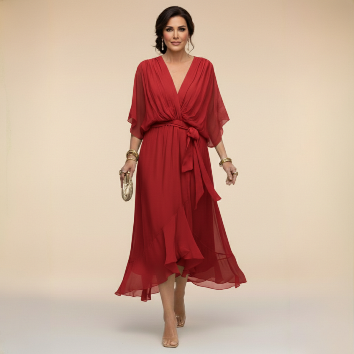 Women's Belted V-Neck Flowing Midi Dress original source photo 9