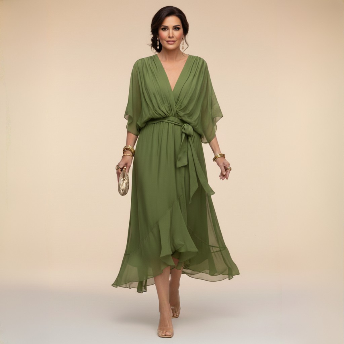 Women's Belted V-Neck Flowing Midi Dress original source photo 1