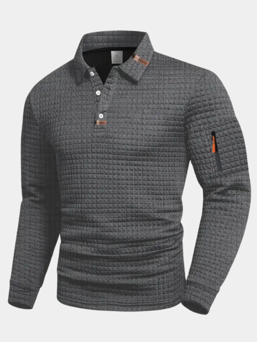 Pietro | Polo da uomo a maniche lunghe, vestibilità slim, tessuto testurizzato, colletto con bordo a contrasto e taschino sulla manica