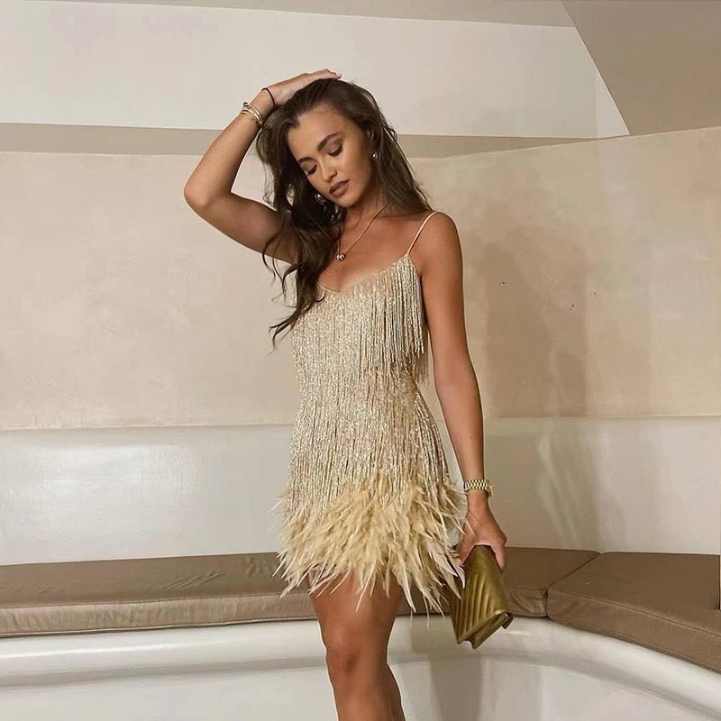 Women's Fringe Mini Cocktail Dress with Thin Straps – original view 4