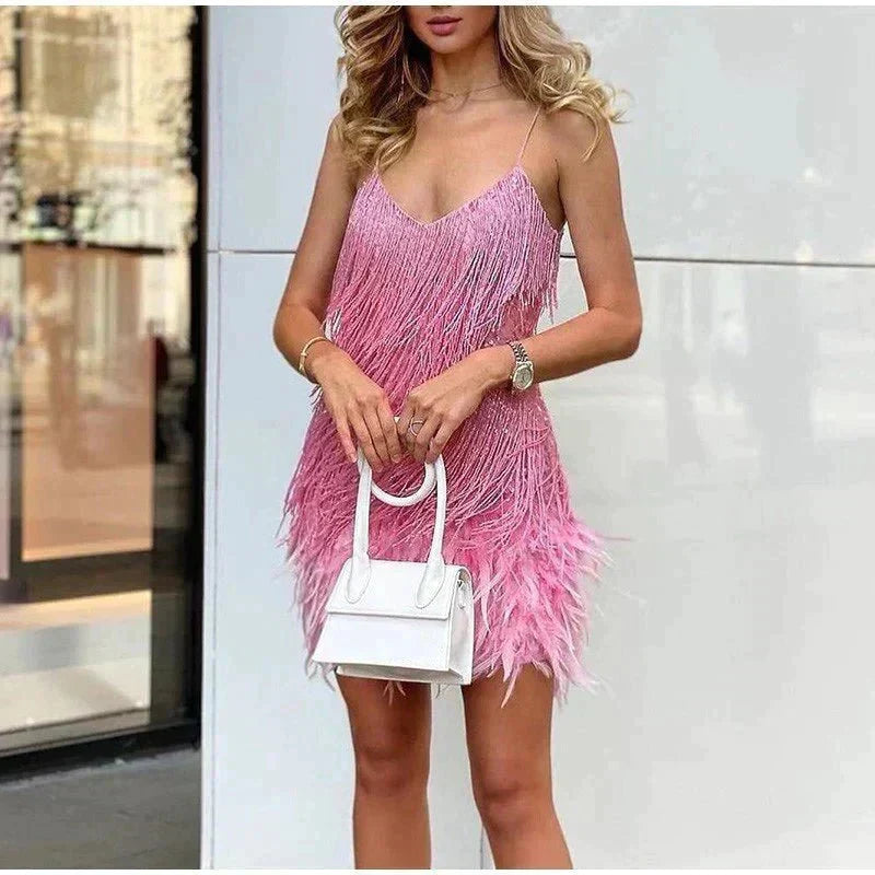 Women's Fringe Mini Cocktail Dress with Thin Straps – original view 7