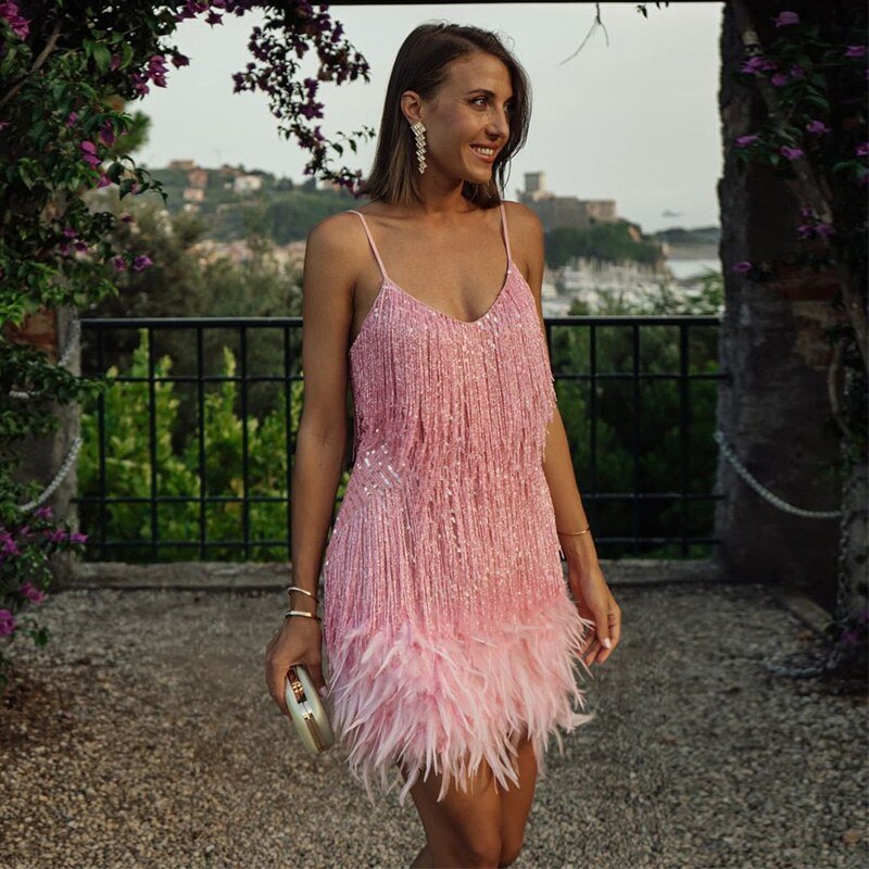 Women's Fringe Mini Cocktail Dress with Thin Straps – original view 8