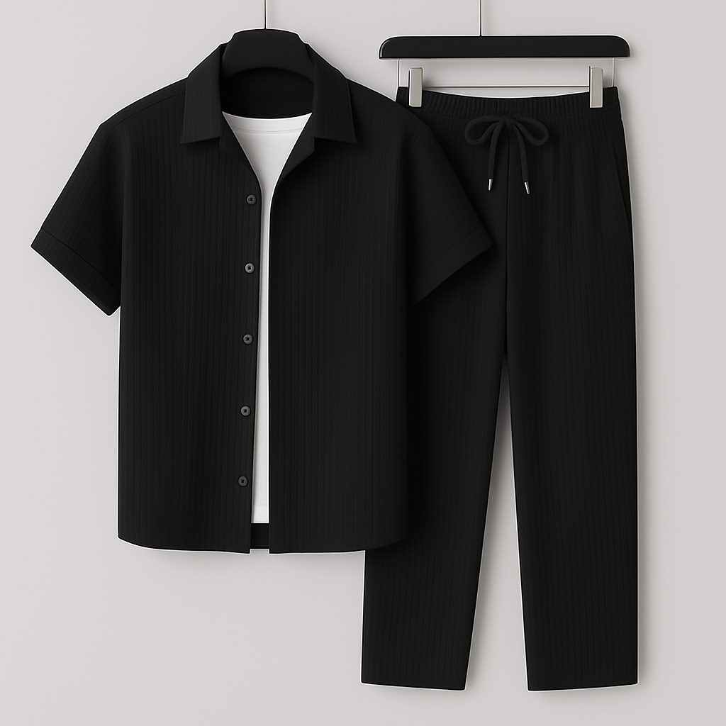 Completo da uomo effetto lino composto da camicia a maniche corte e pantaloni con coulisse, outfit estivo