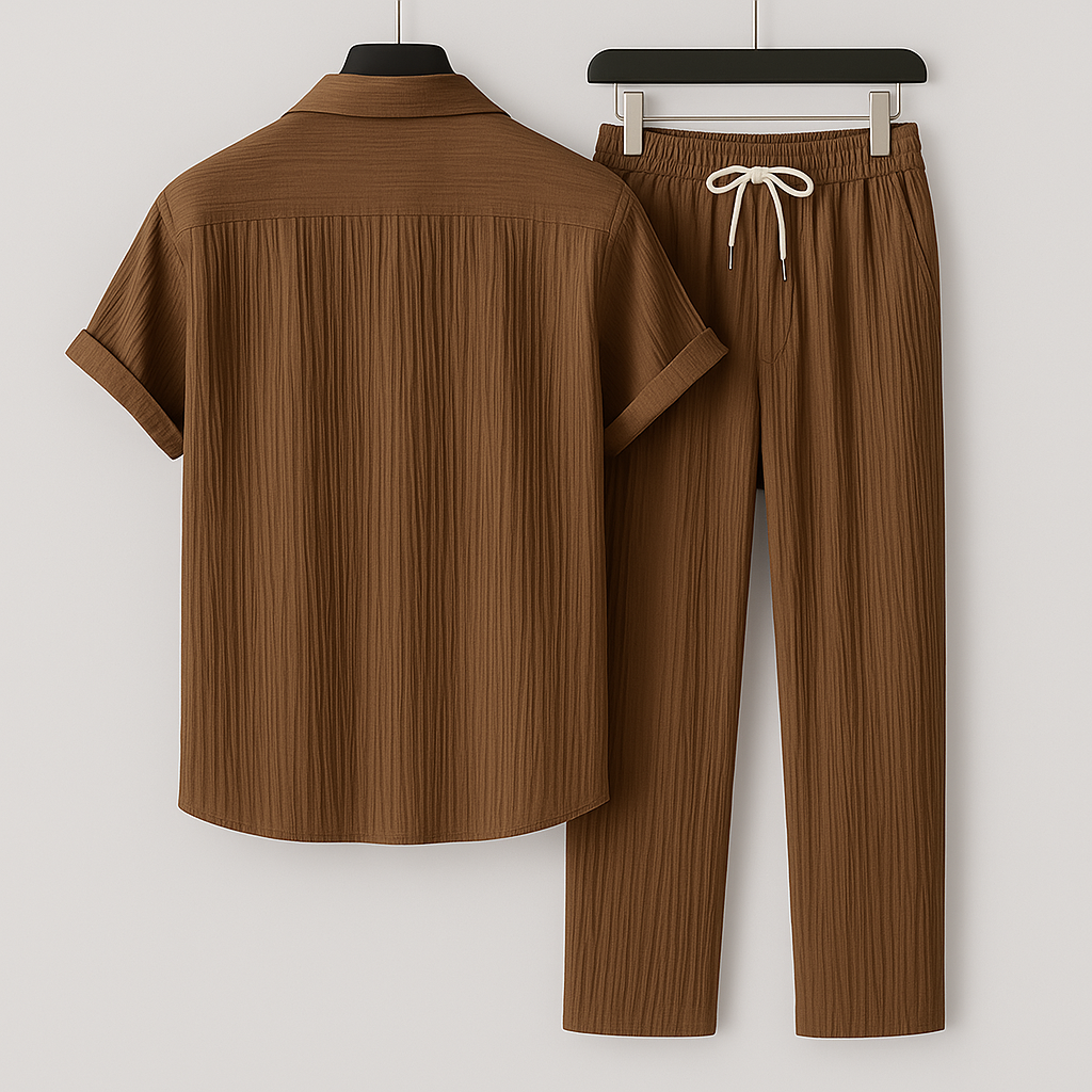 Completo da uomo effetto lino composto da camicia a maniche corte e pantaloni con coulisse, outfit estivo