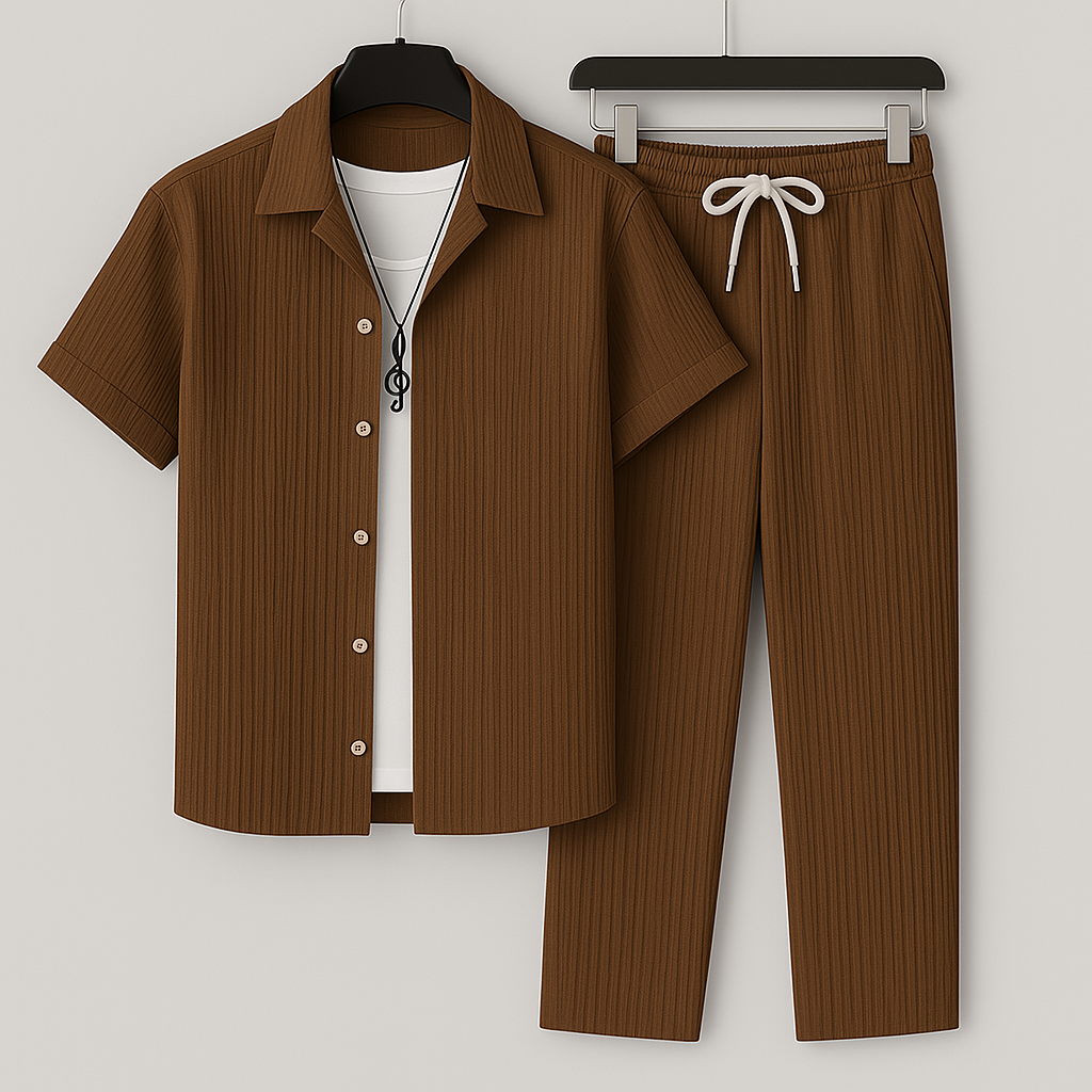 Completo da uomo effetto lino composto da camicia a maniche corte e pantaloni con coulisse, outfit estivo