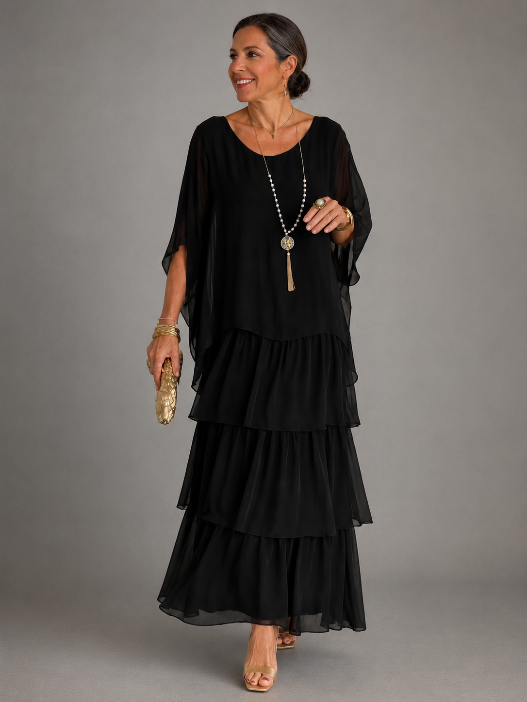 Women's Tiered Maxi Dress with Flowing Cape Sleeves – source product image 2
