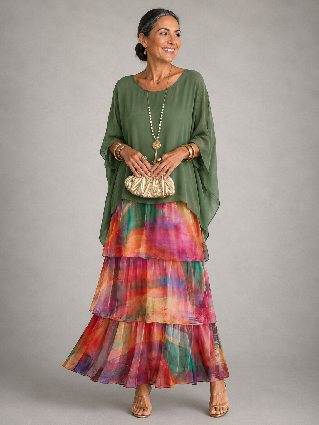 Women's Tiered Maxi Dress with Flowing Cape Sleeves – source product image 9