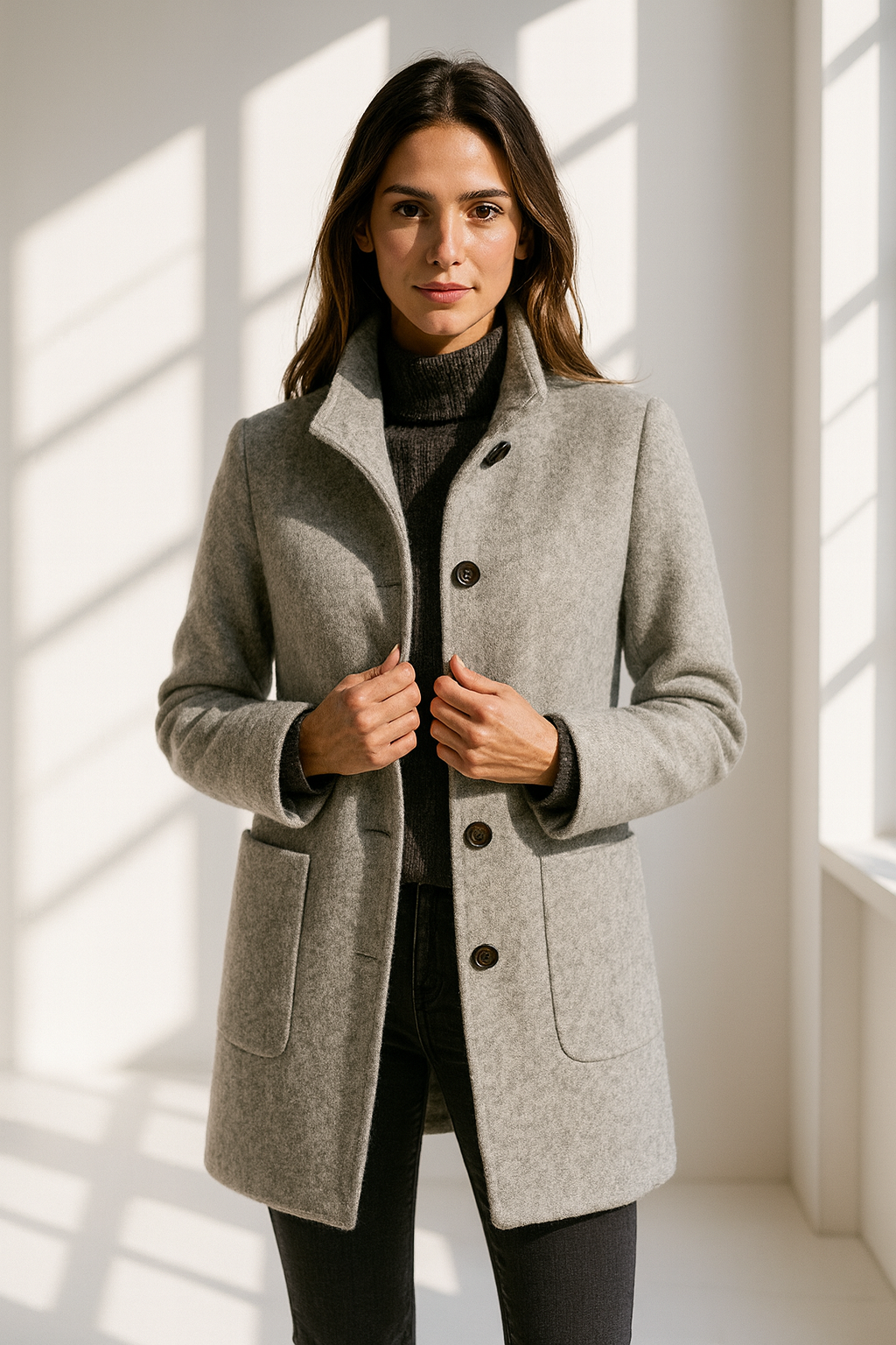 Elisabetta | Women's High-Neck Straight-Cut Coat with Pockets - original view 1