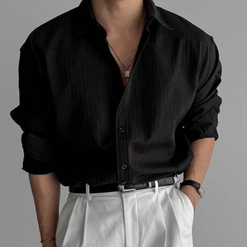 Fabrizio | Men's Minimalist Pleated Long-Sleeve Shirt – Black