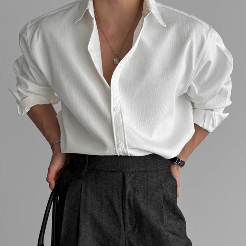 Fabrizio | Men's Minimalist Pleated Long-Sleeve Shirt – White