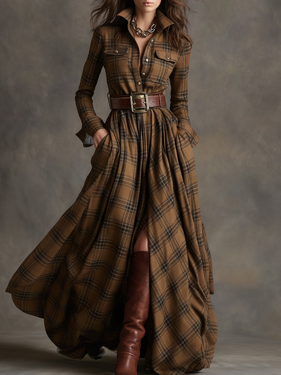 Nerina | Women's Vintage-Style Plaid Maxi Dress with Lapel Collar and Belt - original image 3