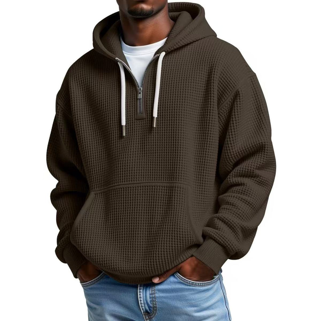 Cristian | Felpa con cappuccio da uomo in maglia waffle, mezza zip, tasca a marsupio e cappuccio con coulisse
