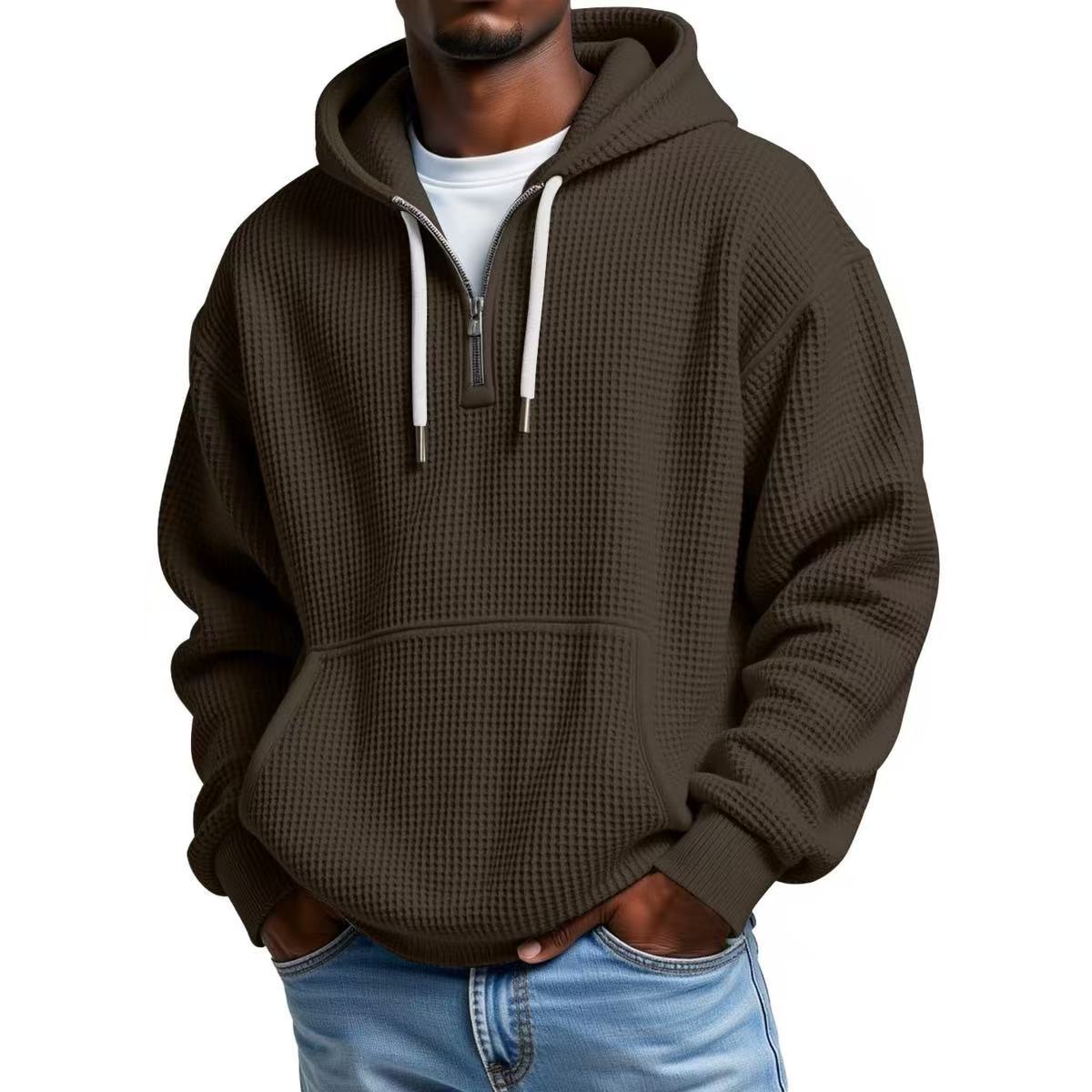 Cristian | Felpa con cappuccio da uomo in maglia waffle, mezza zip, tasca a marsupio e cappuccio con coulisse