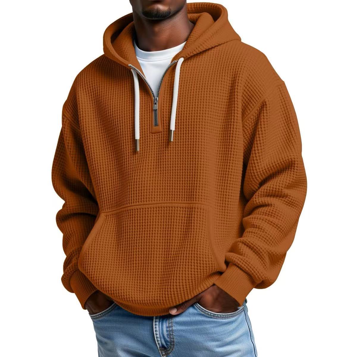 Cristian | Felpa con cappuccio da uomo in maglia waffle, mezza zip, tasca a marsupio e cappuccio con coulisse