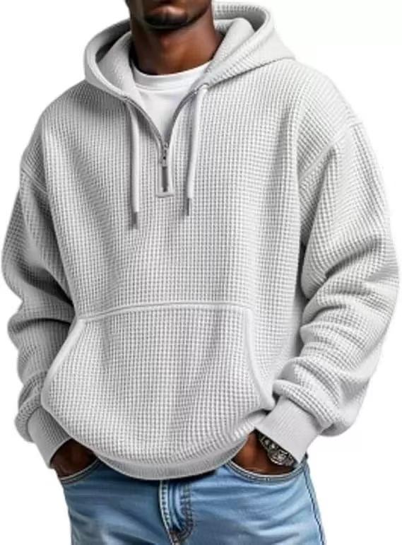 Cristian | Felpa con cappuccio da uomo in maglia waffle, mezza zip, tasca a marsupio e cappuccio con coulisse