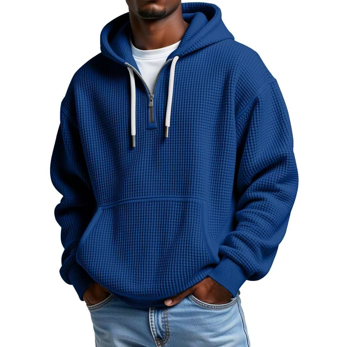 Cristian | Felpa con cappuccio da uomo in maglia waffle, mezza zip, tasca a marsupio e cappuccio con coulisse