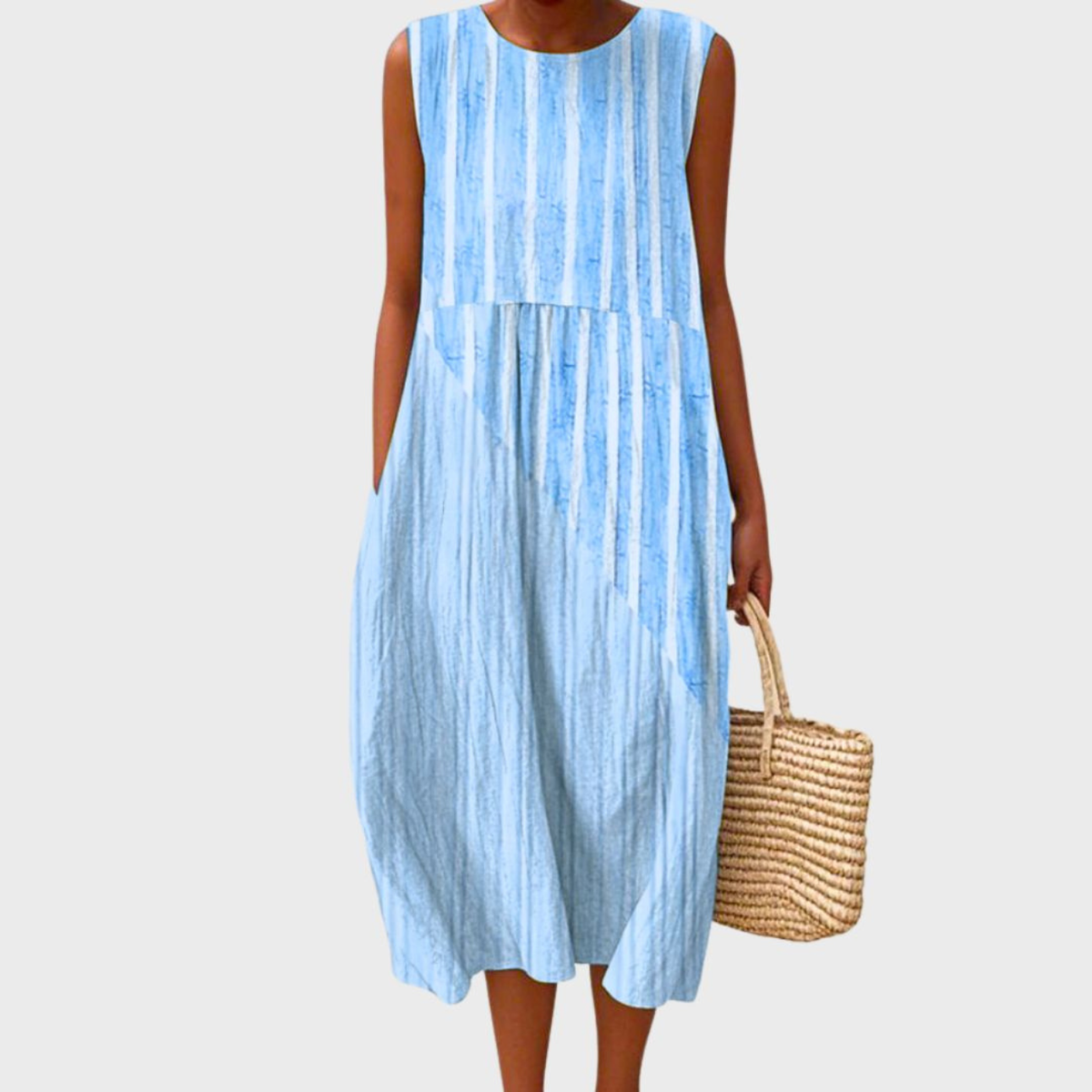 Women's Sleeveless Blue Plaid Midi Dress with Tiered Silhouette - original product view 2