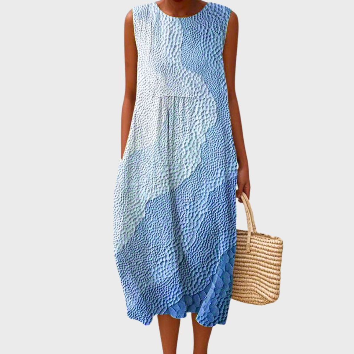 Women's Sleeveless Blue Plaid Midi Dress with Tiered Silhouette - original product view 3