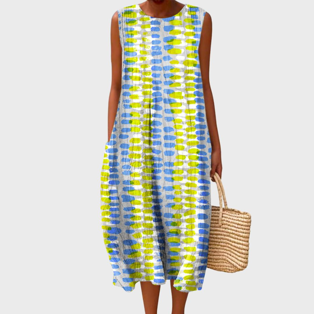 Women's Sleeveless Blue Plaid Midi Dress with Tiered Silhouette - original product view 5