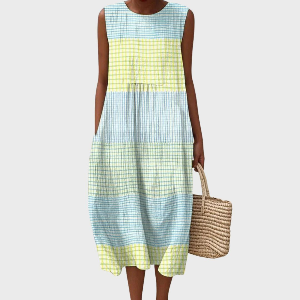 Women's Sleeveless Blue Plaid Midi Dress with Tiered Silhouette - original product view 1