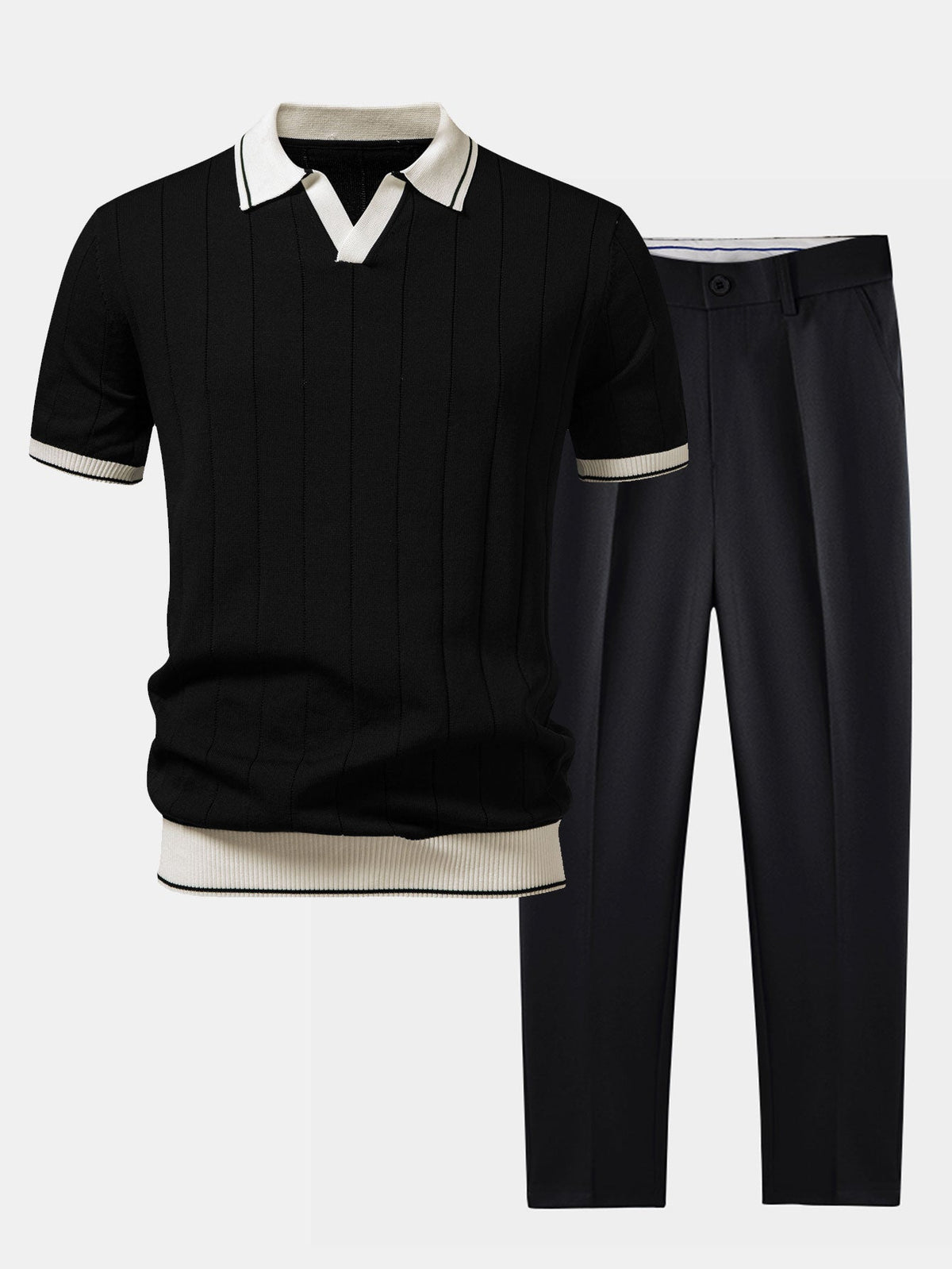 Egidio Men's Textured Knit Polo and Tapered Trousers Set product view