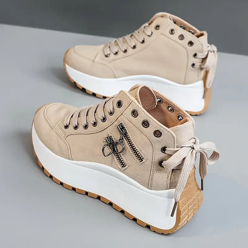 Gaia | Women's High-Top Denim-Style Lace-Up Platform Sneakers — original photograph 1