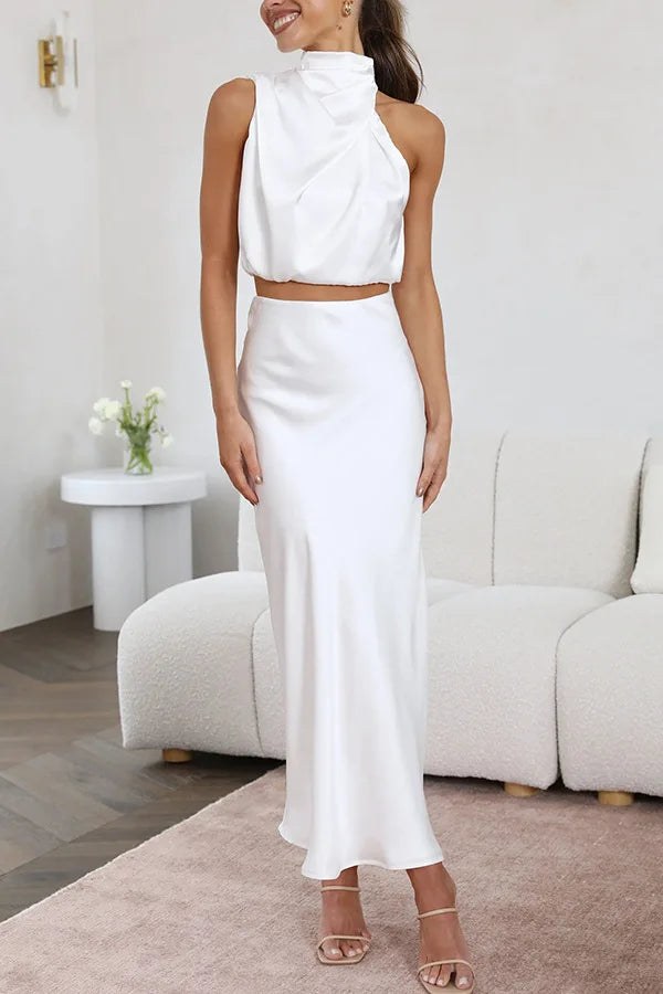 Women's Draped High-Neck Top and Flowing Maxi Skirt Set – original product view 7