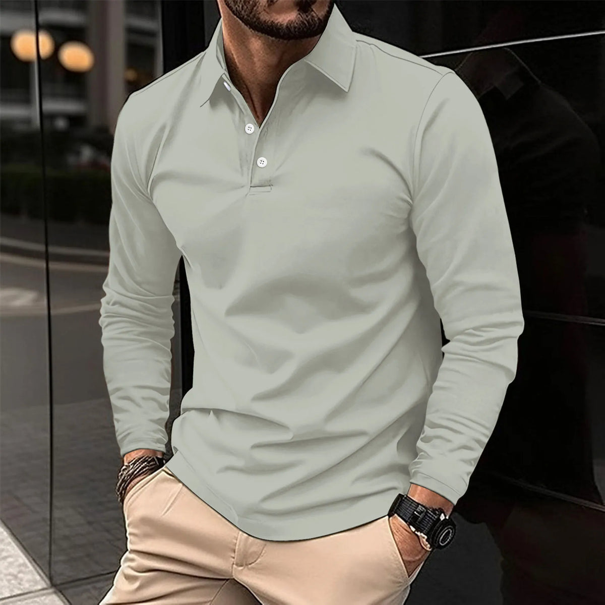 Polo da uomo a maniche lunghe e vestibilità slim, tessuto traspirante, modello versatile per tutte le stagioni