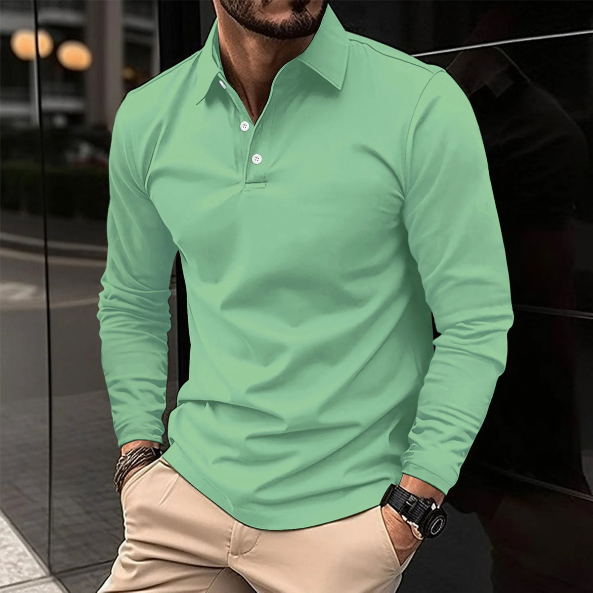 Polo da uomo a maniche lunghe e vestibilità slim, tessuto traspirante, modello versatile per tutte le stagioni