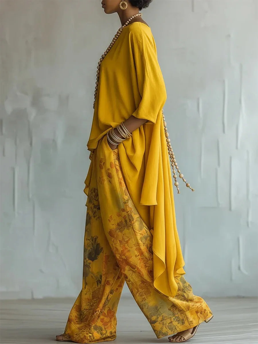 Women's Printed Asymmetric Top and Wide-Leg Trousers Set - original product view 2