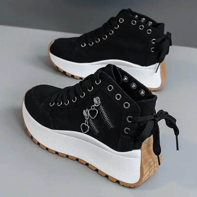 Gaia | Women's High-Top Denim-Style Lace-Up Platform Sneakers — original photograph 3