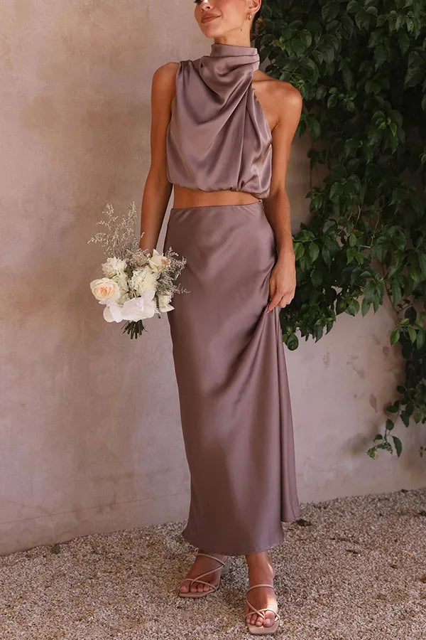 Women's Draped High-Neck Top and Flowing Maxi Skirt Set – original product view 3