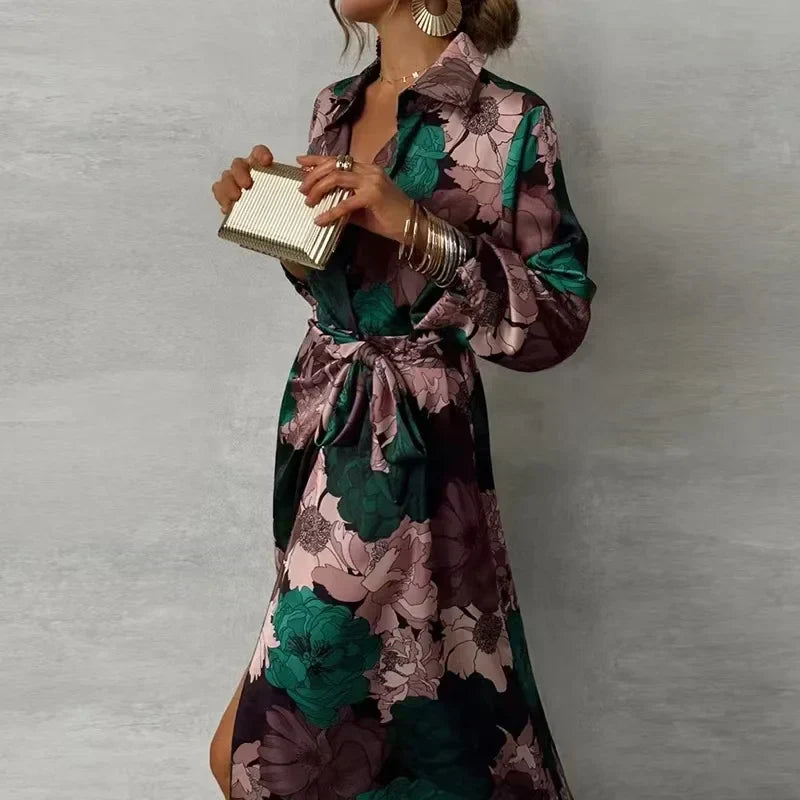 Ginevra | Abito lungo da donna stile camicia con stampa floreale e cintura