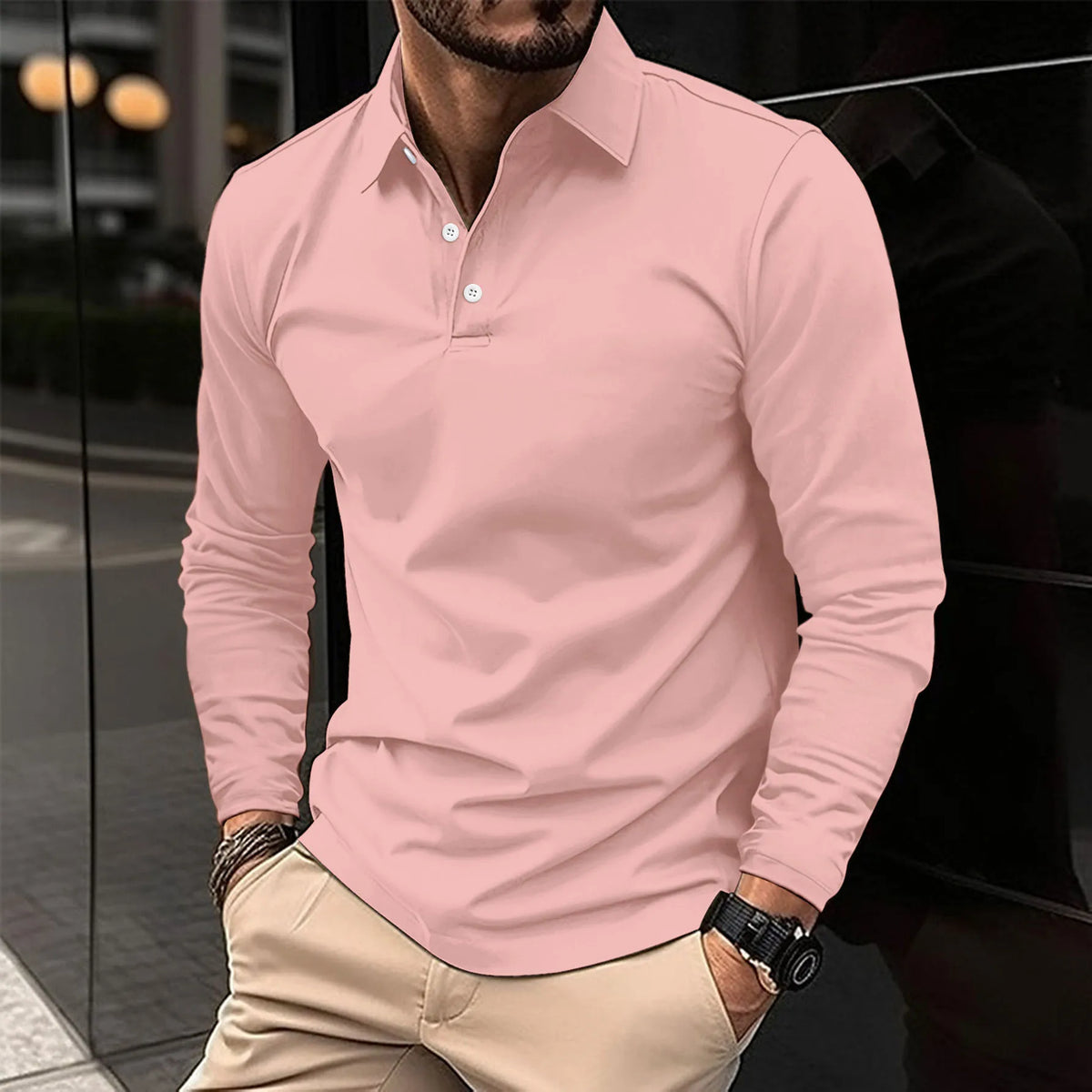 Polo da uomo a maniche lunghe e vestibilità slim, tessuto traspirante, modello versatile per tutte le stagioni