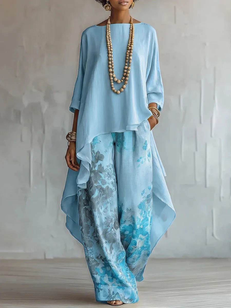 Women's Printed Asymmetric Top and Wide-Leg Trousers Set - original product view 5