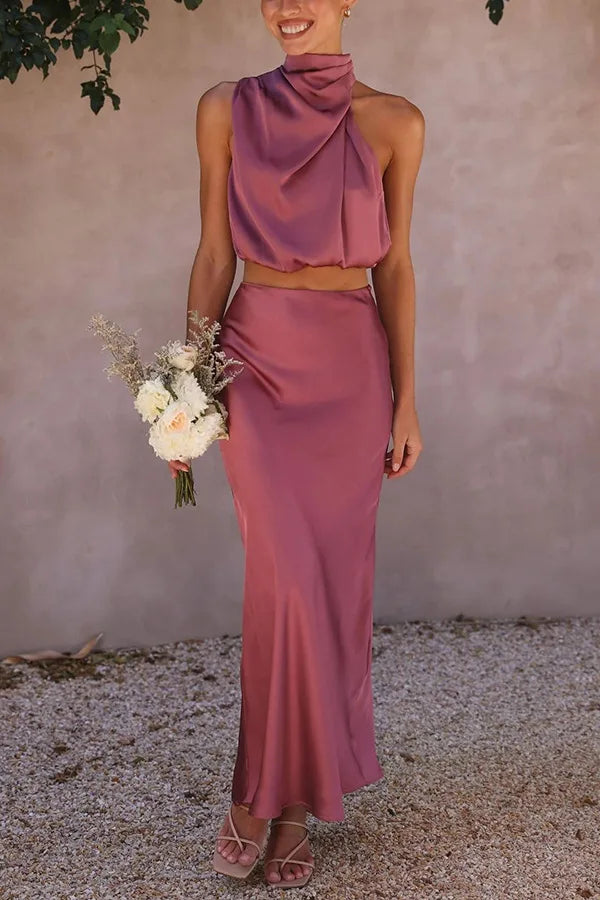 Women's Draped High-Neck Top and Flowing Maxi Skirt Set – original product view 2