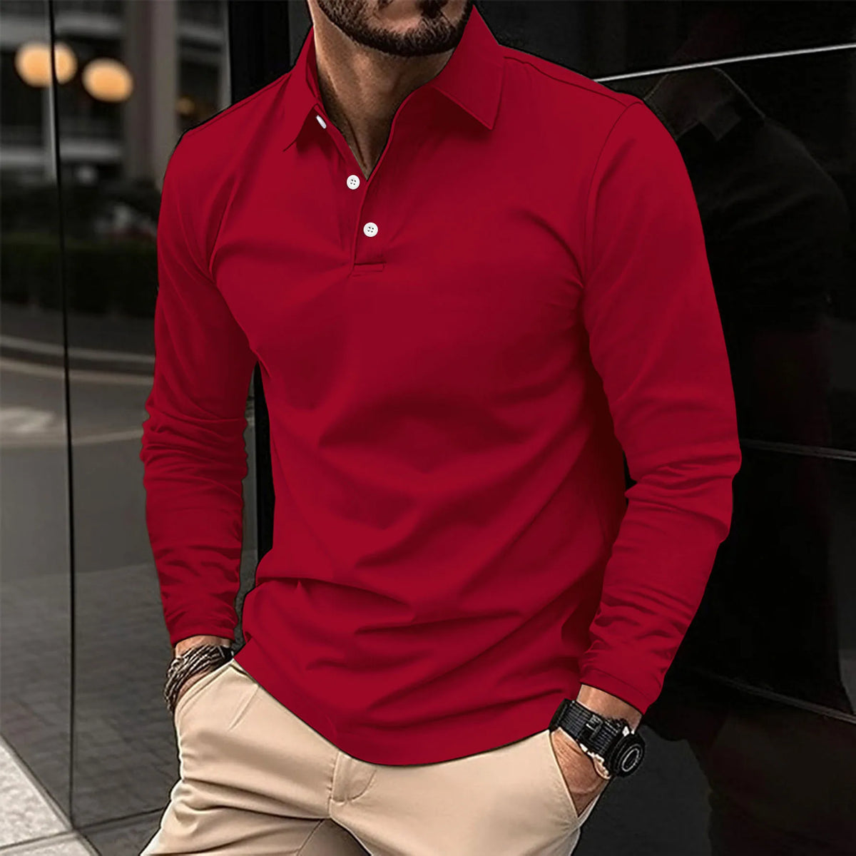 Polo da uomo a maniche lunghe e vestibilità slim, tessuto traspirante, modello versatile per tutte le stagioni